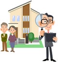 A man and a house in a suit holding a senior couple and documents in hand and looking into a magnifying glass Royalty Free Stock Photo