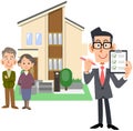 A man and a house in a suit showing a senior couple and a checklist