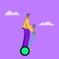 Man on a hoverboard with handle makes a morning exercise. Means of individual mobility. Simple vector illustration in