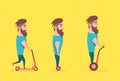 Man on hoverboard and scooter. Cartoon vector illustration