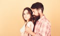 Man hug pretty woman. Bearded hipster cuddle with brunette girl. Feel his passion. Tender touch. Sensual couple in love