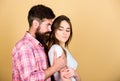 Man hug pretty woman. Love concept. Support protect marriage. Romantic coupe. Love feeling. So close. Bearded hipster Royalty Free Stock Photo