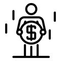 Man with a huge coin icon, outline style
