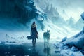 Man and huge fairytale wolf polar snowy desert