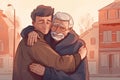 Man hugging his elderly father on the street. Family support and care. Generative AI