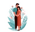 Man hugging and kissing pregnant woman. Happy family couple vector illustration. Husband and wife concept with floral