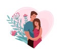 Man hugging and kissing woman in heart shape background with floral elements. Happy family couple vector illustration