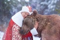 Man hugs brown bear in Christmas eve