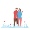 Man hugs woman. Couple of love design for winter season. Vector illustration in flat style