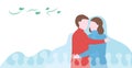 Man hugs woman. Couple of love design for winter season. Vector illustration in flat style