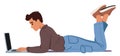 Man Hunches Over His Laptop, Lying On His Belly, Adopting Improper Body Postures. His Back Strains As He Works