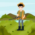 Man hunter with a gun. Survival in the woods. Equipment for hunting animals.