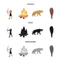 Man, hunter, onion, bonfire .Stone age set collection icons in cartoon,black,monochrome style vector symbol stock