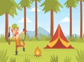 Man Hunter Standing near Campfire and Tent Holding Trophy Bird, Funny Hunter Character Wearing Khaki Clothes and Hat