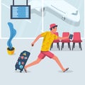 Man hurry on vacation. Young male in a beach dress with suitcase runs on plane Royalty Free Stock Photo