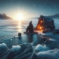 Man Ice Fishing at Sunset with Warm Tent