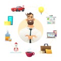 Man icon thith business object collection. Catoon vector set.