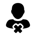 Man icon vector remove male user account person profile avatar with delete symbol in flat color glyph pictogram