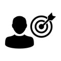Man icon vector target bullseye dartboard with user person avatar symbol for business development goals in glyph pictogram