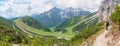 man at idyllic hiking trail Col Pradat, Colfosco, dolomites landscape Alta Badia south-tyrol