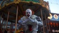 Man in image of Clown claps his hands near a carousel