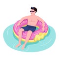 Man on inflatable donut flat color vector faceless character