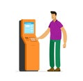 Man at information terminal stand. Business vector illustration