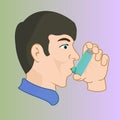 A man with an inhaler, medication through an inhaler