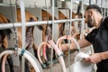 Man operating milking machine at the goat farm