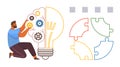 Man Assembling Gears Inside Lightbulb with Puzzle Pieces Representing Innovation and Problem Solving Royalty Free Stock Photo