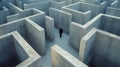 Man inside concrete labyrinth, businessman walks in surreal endless maze, aerial view. Concept of lost, problem, uncertainty,