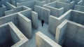 Man inside concrete labyrinth, businessman walks in surreal endless maze, aerial view. Concept of lost, problem, uncertainty, Royalty Free Stock Photo