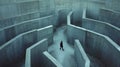 Man inside concrete labyrinth, person walks in surreal endless maze, aerial view. Concept of lost, problem, uncertainty, business