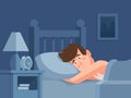 Man with insomnia lying in bed at dark night background. Sleepless person awake with tired face cartoon vector Royalty Free Stock Photo