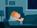 Man with insomnia. Sleep disorder, man lies in bed with his eyes open, male person cant sleep at night vector illustration