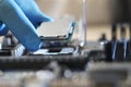 Man installing computer chip onto motherboard at table, closeup Royalty Free Stock Photo