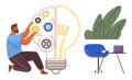 Man Installing Gears in Lightbulb Representing Creative Workflow and Problem Solving Royalty Free Stock Photo