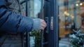 Man Installing Smart Lock on Modern Glass Door Royalty Free Stock Photo