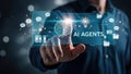 Man Interacting with AI Agents Interface on Virtual Screen Royalty Free Stock Photo
