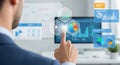 Man interacting with data visualizations on screen using touch interface for data analysis and insights Royalty Free Stock Photo
