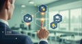 Man interacting with a digital interface displaying pedagogy icons in a classroom setting indoors Royalty Free Stock Photo