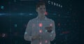 Man interacting with digital interface, focusing on cybersecurity concepts and data