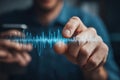 Man interacting with a digital soundwave interface projected above a smartphone in a dark setting Royalty Free Stock Photo