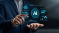 Man interacting with futuristic ai interface displaying data and cloud technology Royalty Free Stock Photo