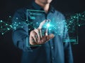 Man interacting with futuristic digital interface and advanced technology Royalty Free Stock Photo