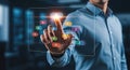 Man Interacting with Futuristic Digital Interface and Cloud Computing Icons Royalty Free Stock Photo