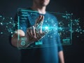 Man interacting with futuristic digital interface with data analytics and network connections Royalty Free Stock Photo