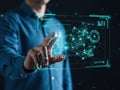 Man interacting with futuristic digital interface displaying network connections and data analytics Royalty Free Stock Photo