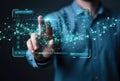 Man interacting with futuristic digital interface with network connections and data visualization Royalty Free Stock Photo