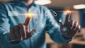 Man interacting with a holographic cloud computing and data flow interface hands Royalty Free Stock Photo